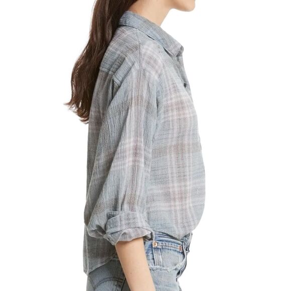 Free People Cropped Cutie Plaid Button Front Cotton Shirt Blue Gray Size Small - Picture 9 of 13